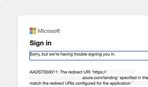 Screenshot of the error 'Sorry, but we're having trouble signing you in'